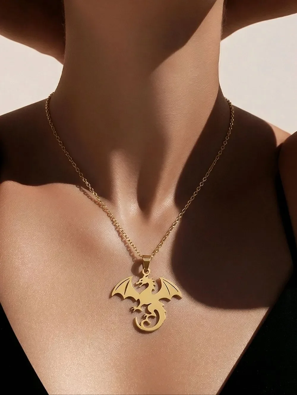 DND Dragon Necklace Gold Stainless Steel Medieval Fantasy Luxe Pendant Gamer